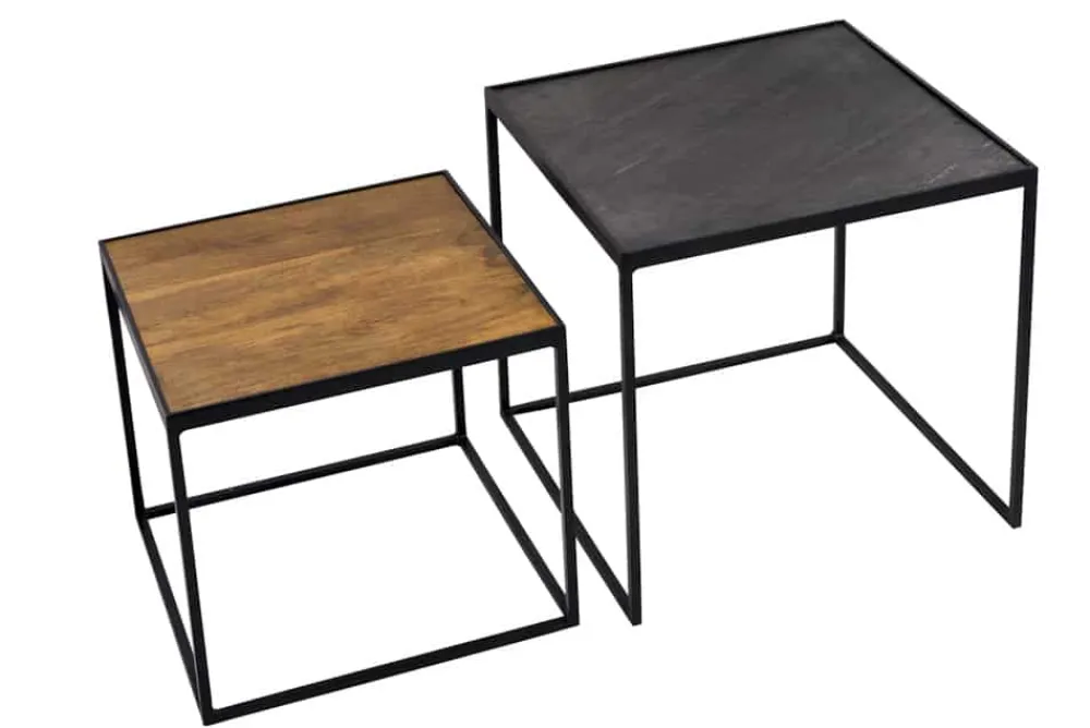Riess-Ambiente Couchtische & Truhen|Mehr... > Industrial 2er-Set Couchtische FIRE & EARTH 45cm Mangoholz massiv Schiefer Metall schwarz