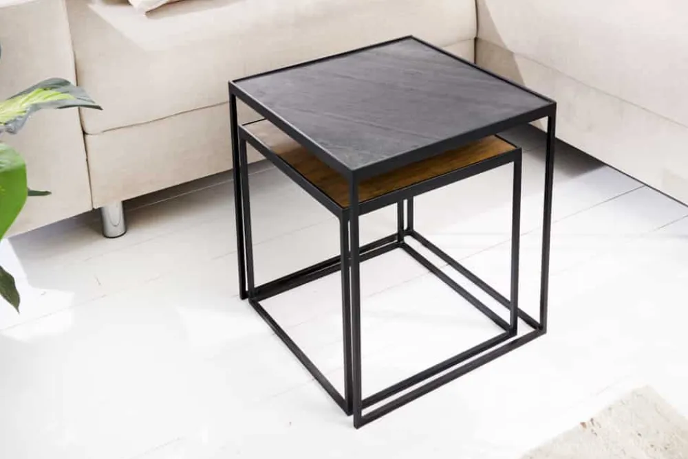 Riess-Ambiente Couchtische & Truhen|Mehr... > Industrial 2er-Set Couchtische FIRE & EARTH 45cm Mangoholz massiv Schiefer Metall schwarz