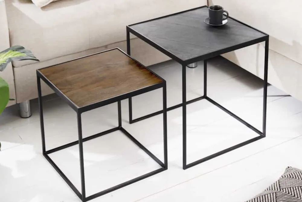 Riess-Ambiente Couchtische & Truhen|Mehr... > Industrial 2er-Set Couchtische FIRE & EARTH 45cm Mangoholz massiv Schiefer Metall schwarz