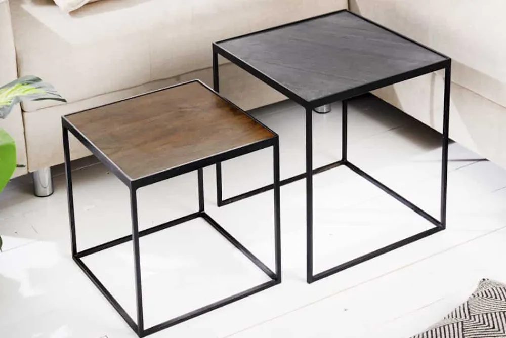 Riess-Ambiente Couchtische & Truhen|Mehr... > Industrial 2er-Set Couchtische FIRE & EARTH 45cm Mangoholz massiv Schiefer Metall schwarz