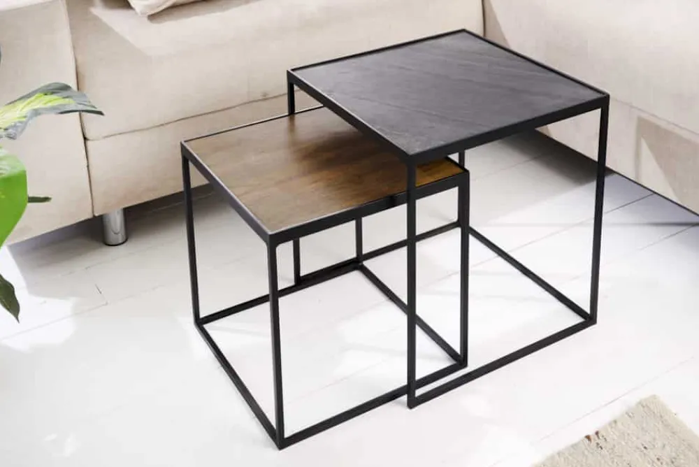 Riess-Ambiente Couchtische & Truhen|Mehr... > Industrial 2er-Set Couchtische FIRE & EARTH 45cm Mangoholz massiv Schiefer Metall schwarz