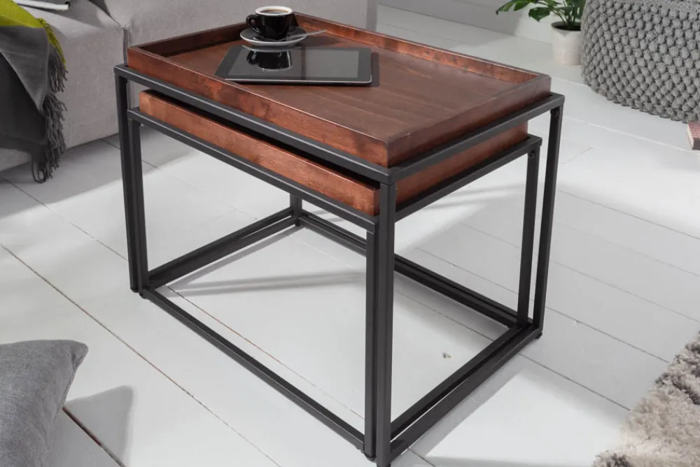 Riess-Ambiente Industrial Loft|Couchtische & Truhen > Industrial 2er Set Couchtisch ELEMENTS 60cm Mocha Buche abnehmbares Tablett