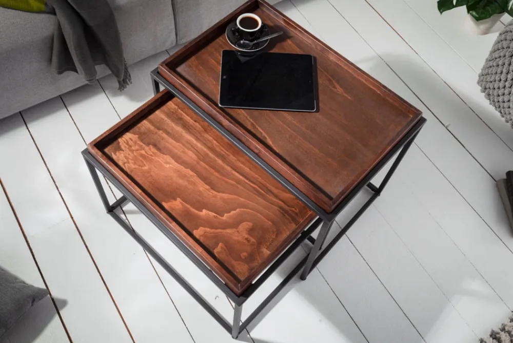 Riess-Ambiente Industrial Loft|Couchtische & Truhen > Industrial 2er Set Couchtisch ELEMENTS 60cm Mocha Buche abnehmbares Tablett