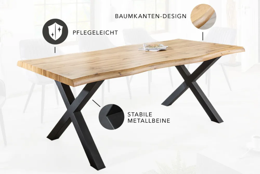 Riess-Ambiente Industrial Loft|Esstische > Industrial Esstisch WILD 200cm braun Wildeiche-Design Baumkante schwarz X-Gestell