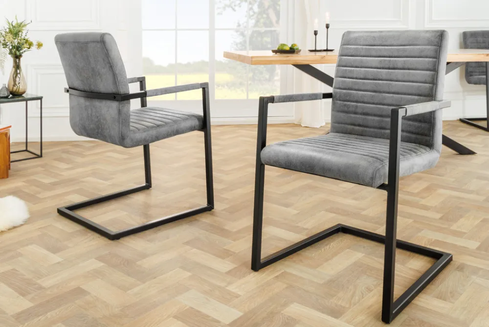 Riess-Ambiente Freischwinger|Industrial Loft > Industrial Freischwinger Stuhl LOFT vintage grau Microfaser mit Armlehne Eisengestell