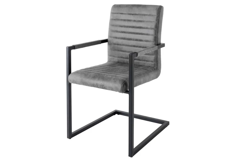 Riess-Ambiente Freischwinger|Industrial Loft > Industrial Freischwinger Stuhl LOFT vintage grau Microfaser mit Armlehne Eisengestell