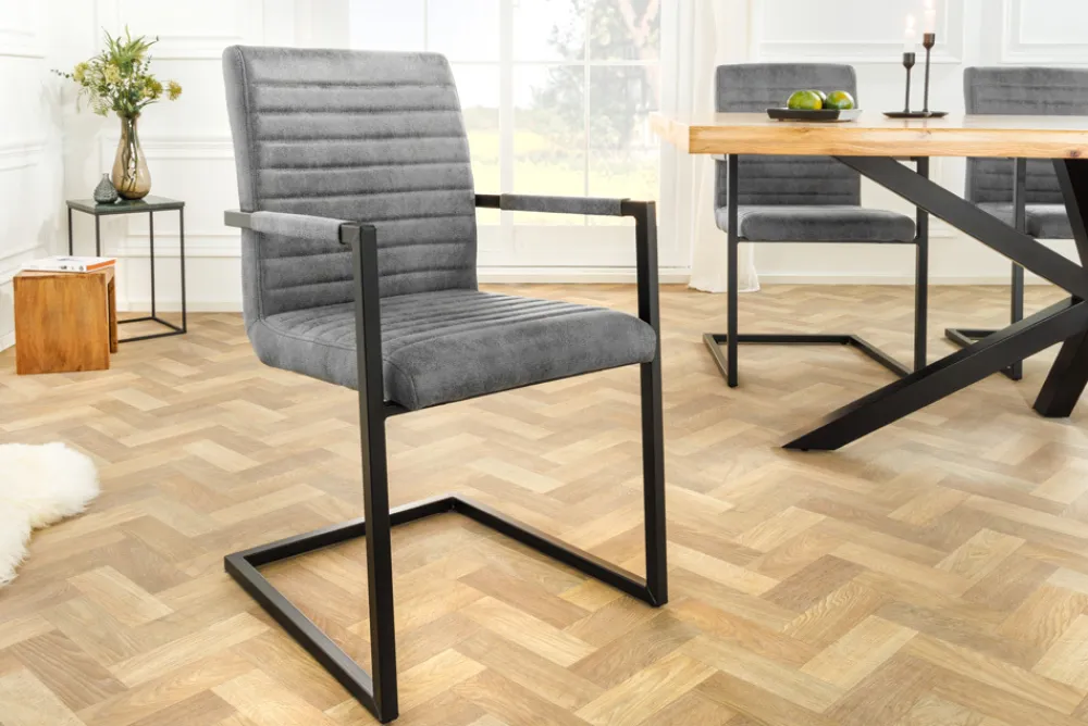 Riess-Ambiente Freischwinger|Industrial Loft > Industrial Freischwinger Stuhl LOFT vintage grau Microfaser mit Armlehne Eisengestell