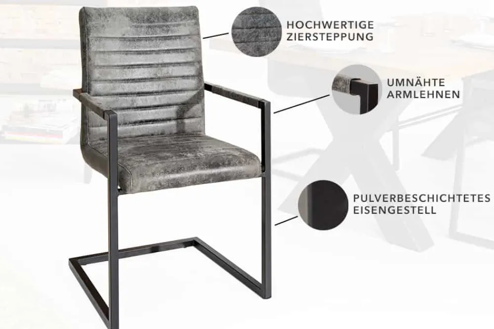 Riess-Ambiente Freischwinger|Industrial Loft > Industrial Freischwinger Stuhl LOFT vintage grau Microfaser mit Armlehne Eisengestell