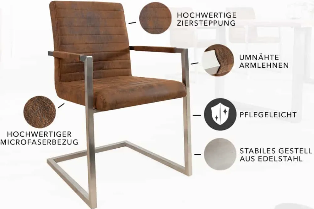 Riess-Ambiente Freischwinger|Industrial Loft > Industrial Freischwinger Stuhl LOFT vintage braun Microfaser mit Armlehne Edelstahl