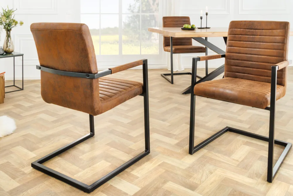 Riess-Ambiente Freischwinger|Industrial Loft > Industrial Freischwinger Stuhl LOFT vintage braun Microfaser mit Armlehne Eisengestell
