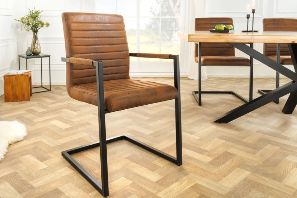 Riess-Ambiente Freischwinger|Industrial Loft > Industrial Freischwinger Stuhl LOFT vintage braun Microfaser mit Armlehne Eisengestell