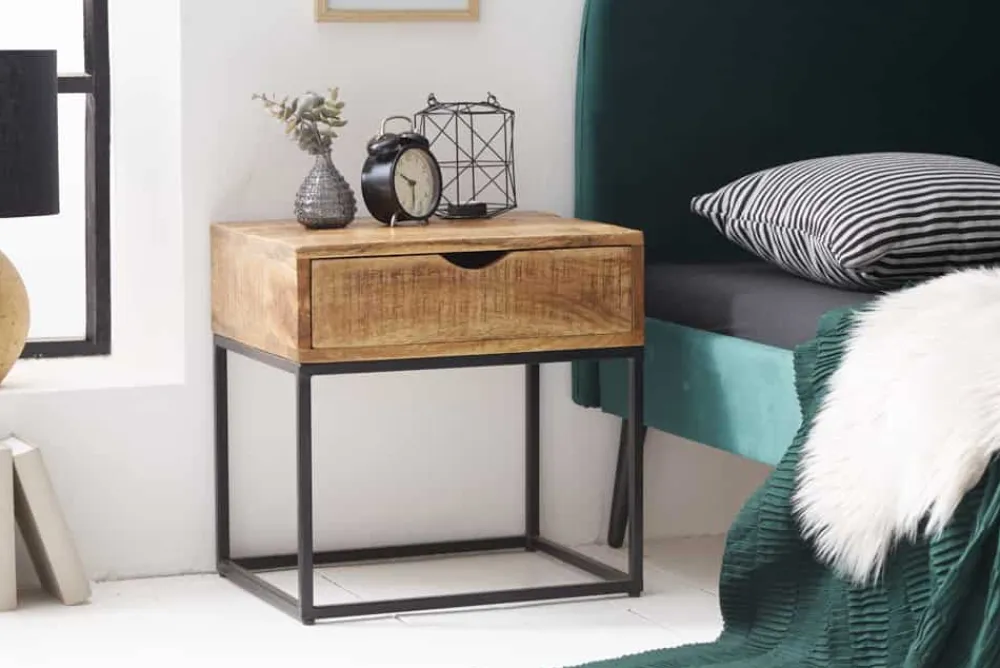 Riess-Ambiente Mehr...|Massivholztische > Industrial Nachttisch IRON CRAFT 45cm Mangoholz mit Schublade Beistelltisch