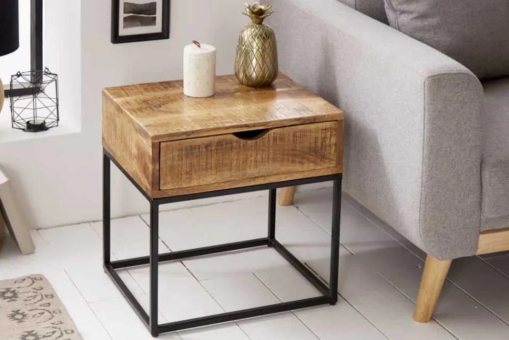 Riess-Ambiente Mehr...|Massivholztische > Industrial Nachttisch IRON CRAFT 45cm Mangoholz mit Schublade Beistelltisch