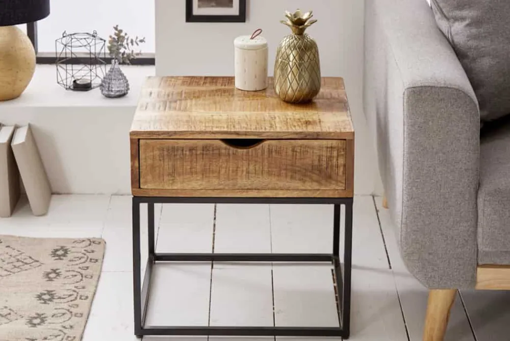 Riess-Ambiente Mehr...|Massivholztische > Industrial Nachttisch IRON CRAFT 45cm Mangoholz mit Schublade Beistelltisch