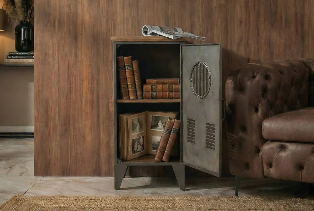 Riess-Ambiente Industrial Loft|Nachttische > Industrial Schrank NAUTILUS 85cm natur grau Metall Massivholz Vintage Spind