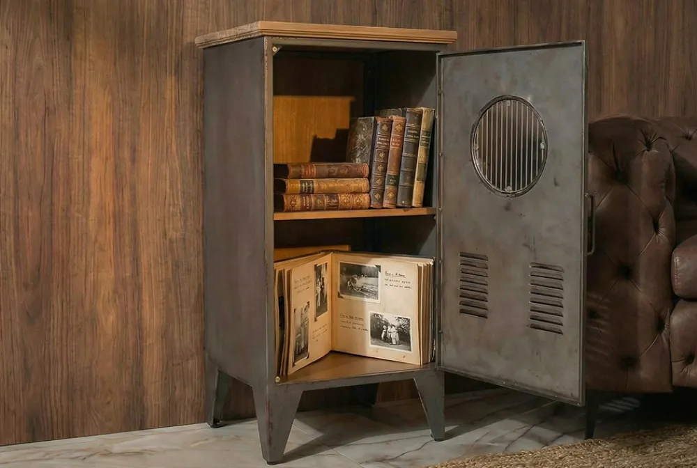 Riess-Ambiente Industrial Loft|Nachttische > Industrial Schrank NAUTILUS 85cm natur grau Metall Massivholz Vintage Spind
