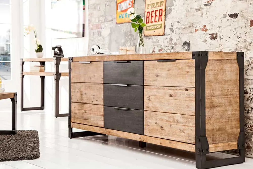 Riess-Ambiente Mehr...|Industrial Loft > Industrial Sideboard FACTORY 180cm Akazie Massivholz weiß gekälkt Kommode mit Schubladen