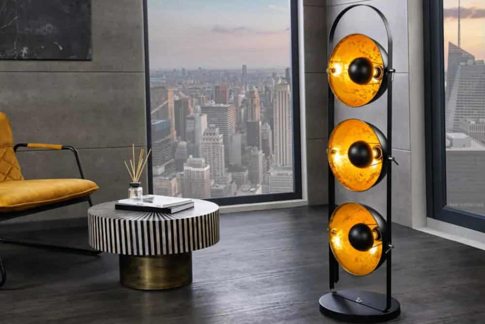 Riess-Ambiente Goldene Möbel|Industrial Loft > Industrial Stehlampe STUDIO 130cm schwarz Blattgold-Optik 3 neigbare Schirme