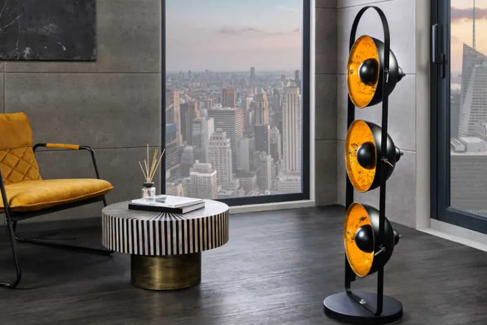 Riess-Ambiente Goldene Möbel|Industrial Loft > Industrial Stehlampe STUDIO 130cm schwarz Blattgold-Optik 3 neigbare Schirme