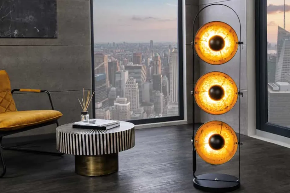 Riess-Ambiente Goldene Möbel|Industrial Loft > Industrial Stehlampe STUDIO 130cm schwarz Blattgold-Optik 3 neigbare Schirme