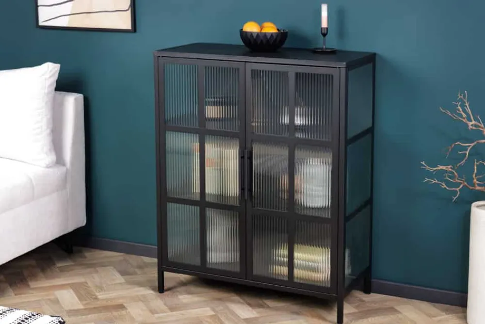 Riess-Ambiente Vitrinen|Industrial Loft > Industrial Vitrine DURA STEEL 80cm schwarz Metall Riffelglas