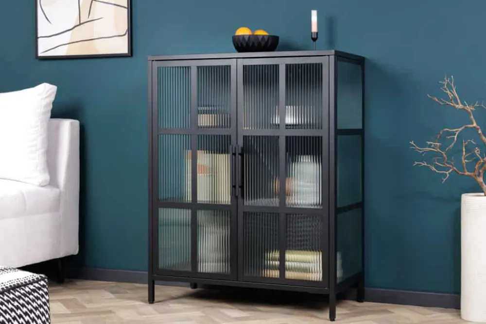 Riess-Ambiente Vitrinen|Industrial Loft > Industrial Vitrine DURA STEEL 80cm schwarz Metall Riffelglas
