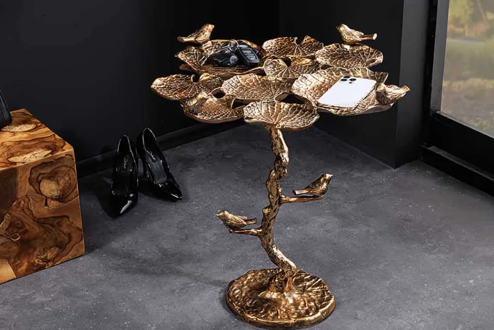 Riess-Ambiente Goldene Möbel|Beistelltische > In- und Outdoor Beistelltisch BIRDS 65cm messing antik Blatt-Design wetterfest Vogel-Skulptur
