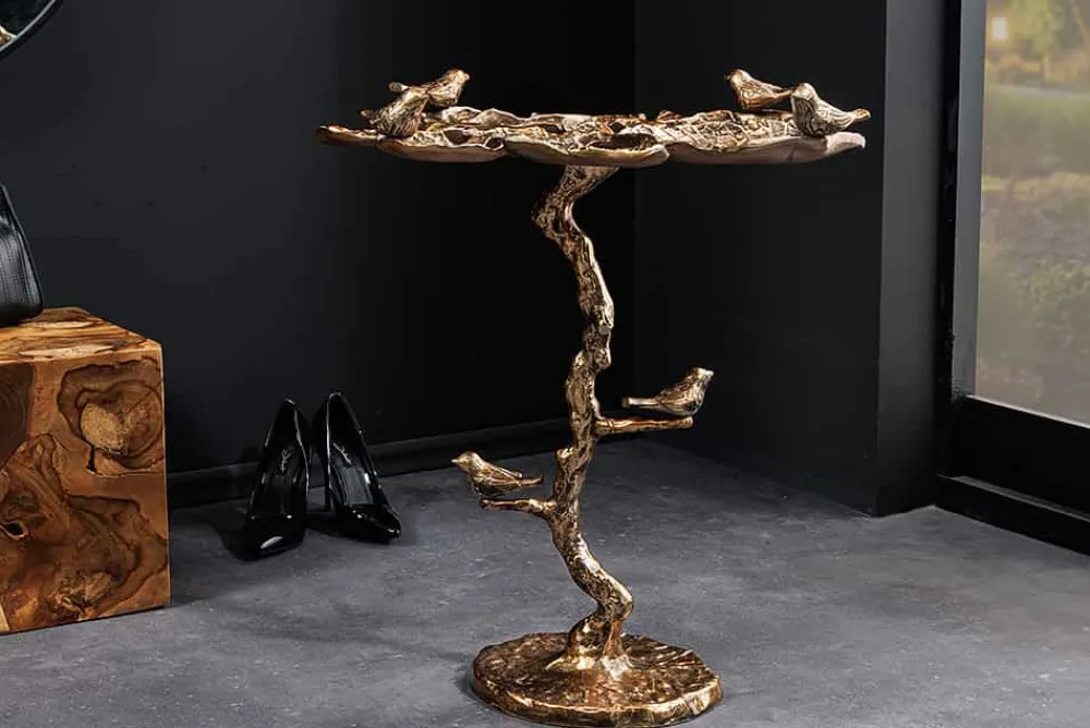 Riess-Ambiente Goldene Möbel|Beistelltische > In- und Outdoor Beistelltisch BIRDS 65cm messing antik Blatt-Design wetterfest Vogel-Skulptur