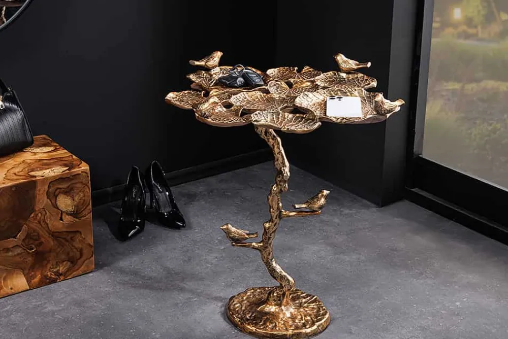 Riess-Ambiente Goldene Möbel|Beistelltische > In- und Outdoor Beistelltisch BIRDS 65cm messing antik Blatt-Design wetterfest Vogel-Skulptur