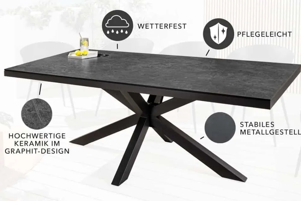 Riess-Ambiente Haus & Garten|Esstische > In- und Outdoor Esstisch GALAXIE 180cm anthrazit Keramik Aluminium Gartentisch