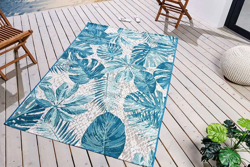 Riess-Ambiente Outdoor Teppiche|Teppiche > In- und Outdoor Teppich LEAF 175x120cm türkis weiß Blätter-Design Läufer wetterfest