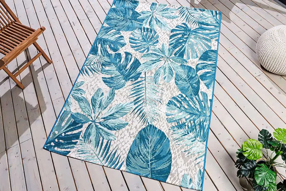 Riess-Ambiente Outdoor Teppiche|Teppiche > In- und Outdoor Teppich LEAF 175x120cm türkis weiß Blätter-Design Läufer wetterfest