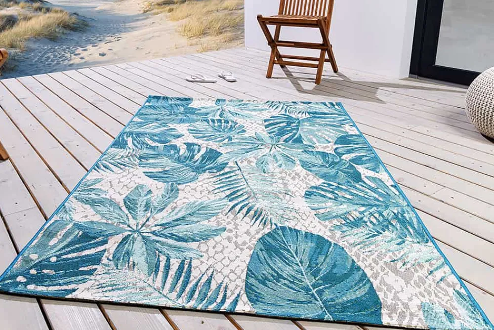 Riess-Ambiente Outdoor Teppiche|Teppiche > In- und Outdoor Teppich LEAF 175x120cm türkis weiß Blätter-Design Läufer wetterfest