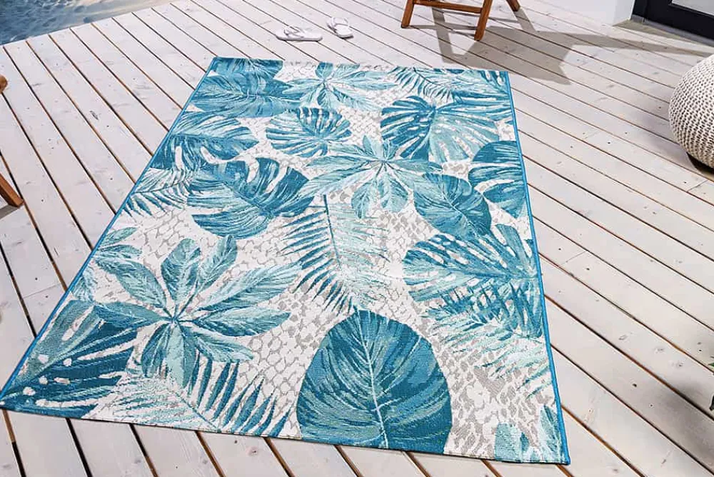 Riess-Ambiente Outdoor Teppiche|Teppiche > In- und Outdoor Teppich LEAF 175x120cm türkis weiß Blätter-Design Läufer wetterfest