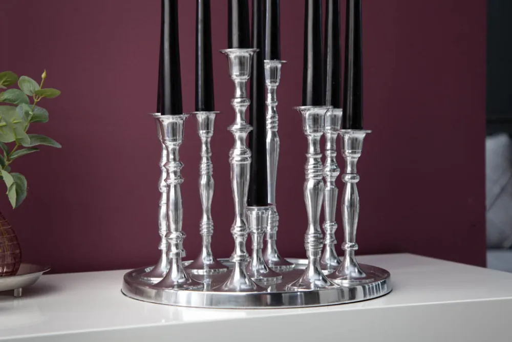 Riess-Ambiente Kerzenständer > Kerzenständer MODERN BAROCK 30cm 9-flammig silber Aluminium poliert Kerzenhalter Deko-Platte