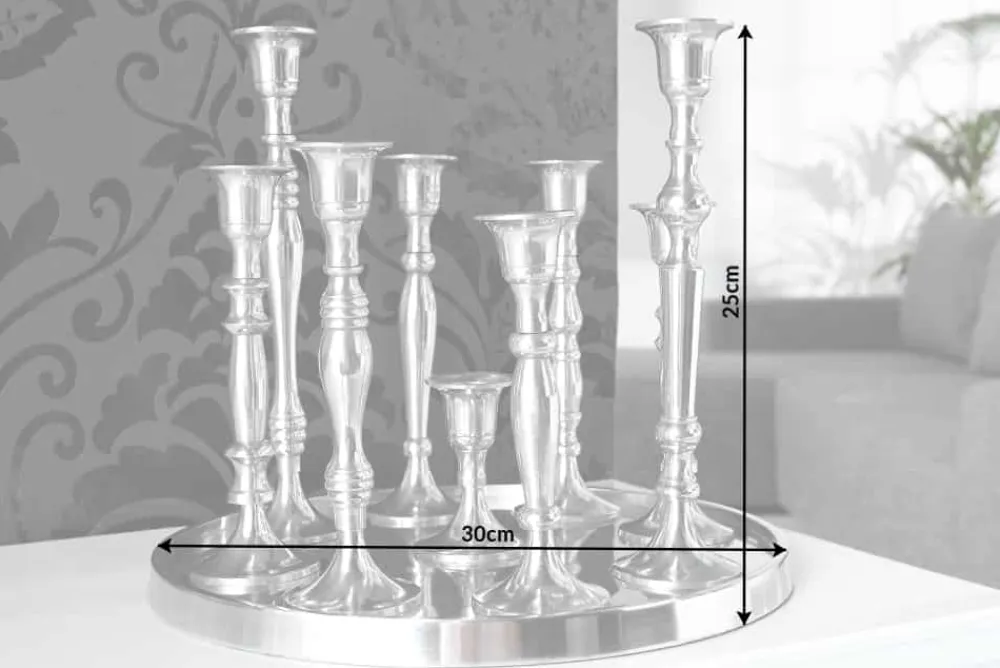 Riess-Ambiente Kerzenständer > Kerzenständer MODERN BAROCK 30cm 9-flammig silber Aluminium poliert Kerzenhalter Deko-Platte