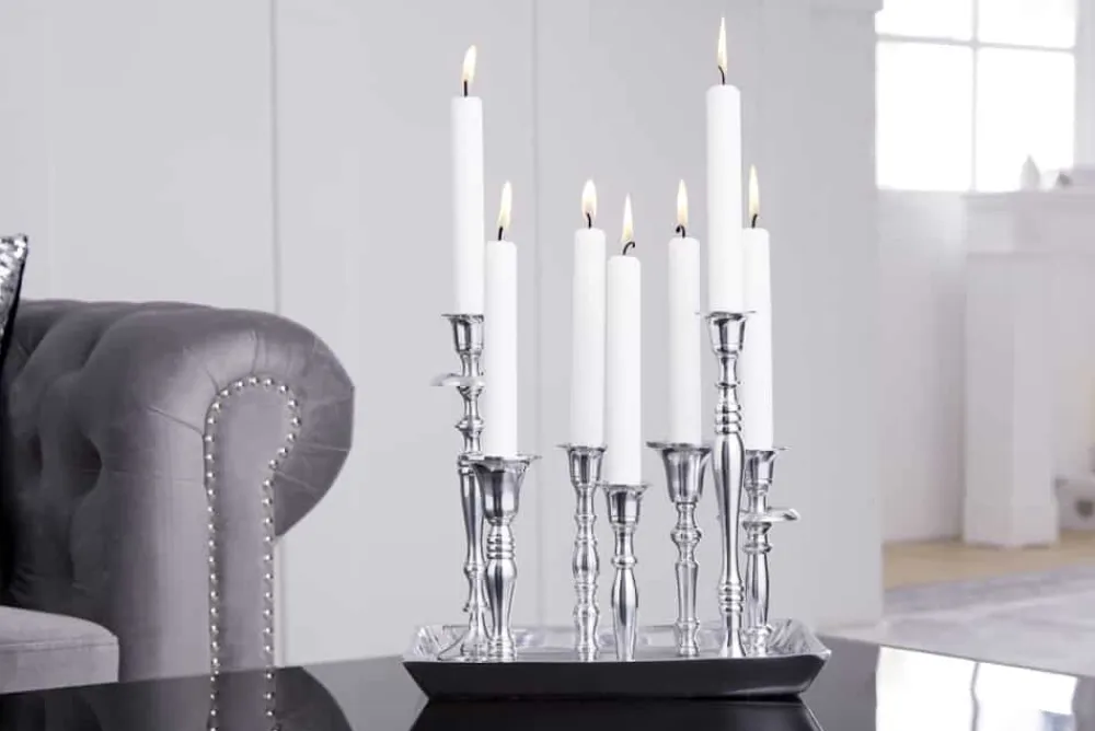 Riess-Ambiente Kerzenständer > Kerzenständer MODERN BAROCK 30cm 7-flammig silber Aluminium poliert Kerzenhalter Deko-Platte