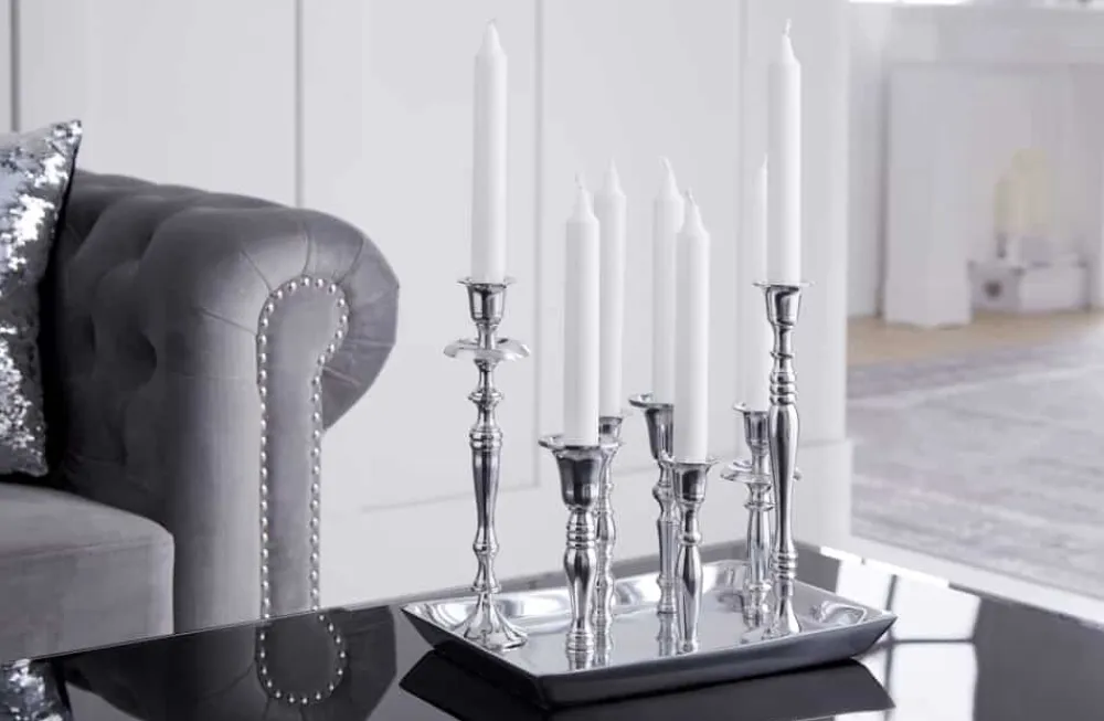 Riess-Ambiente Kerzenständer > Kerzenständer MODERN BAROCK 30cm 7-flammig silber Aluminium poliert Kerzenhalter Deko-Platte