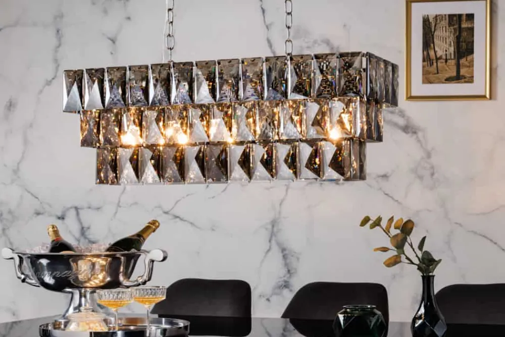 Riess-Ambiente Hängelampen > Luxus Hängelampe KRISTALL 90cm edelgrau Design Kronleuchter Glasprismen