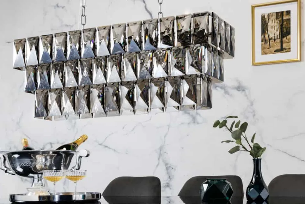 Riess-Ambiente Hängelampen > Luxus Hängelampe KRISTALL 90cm edelgrau Design Kronleuchter Glasprismen