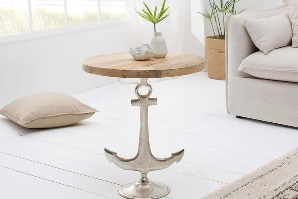 Riess-Ambiente Beistelltische|Mehr... > Maritimer Beistelltisch SEVEN SEAS 50cm silber Anker-Design rund Mangoholz Metall