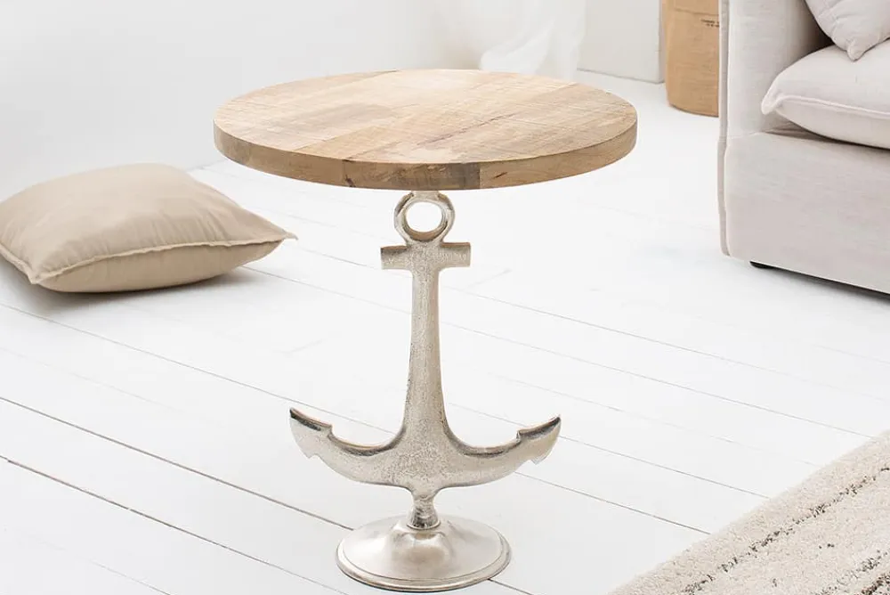 Riess-Ambiente Beistelltische|Mehr... > Maritimer Beistelltisch SEVEN SEAS 50cm silber Anker-Design rund Mangoholz Metall
