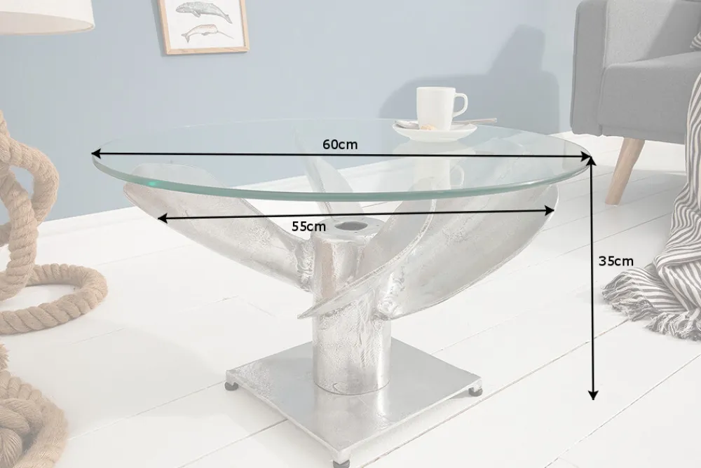Riess-Ambiente Couchtische & Truhen > Maritimer Couchtisch OCEAN M 60cm silber antik rund Schiffsschraube Glasplatte