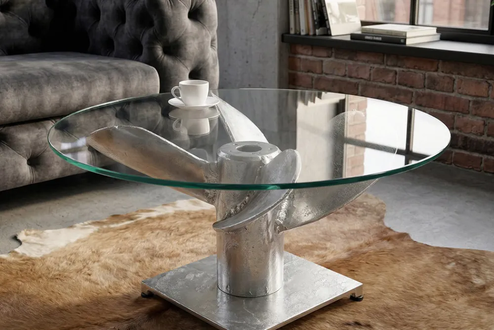 Riess-Ambiente Couchtische & Truhen > Maritimer Couchtisch OCEAN M 60cm silber antik rund Schiffsschraube Glasplatte
