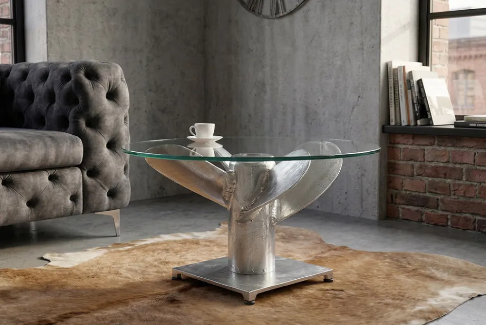 Riess-Ambiente Couchtische & Truhen > Maritimer Couchtisch OCEAN M 60cm silber antik rund Schiffsschraube Glasplatte