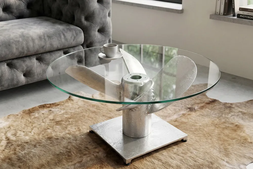 Riess-Ambiente Couchtische & Truhen > Maritimer Couchtisch OCEAN M 60cm silber antik rund Schiffsschraube Glasplatte
