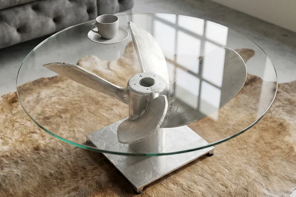 Riess-Ambiente Couchtische & Truhen > Maritimer Couchtisch OCEAN M 60cm silber antik rund Schiffsschraube Glasplatte