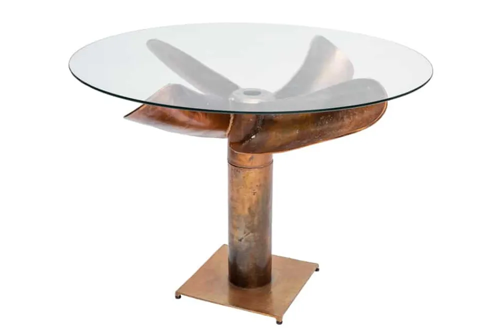Riess-Ambiente Esstische > Maritimer Esstisch OCEAN 105cm kupfer geflammt Glastisch mit Schiffsschraube