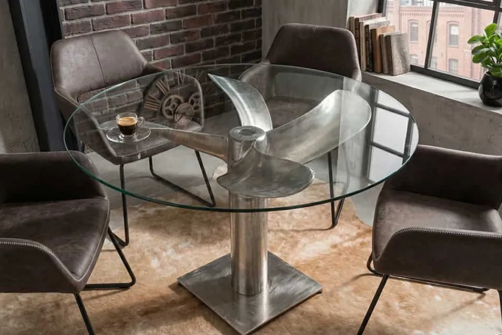Riess-Ambiente Esstische > Maritimer Esstisch OCEAN 105cm silber antik Glastisch mit Schiffsschraube