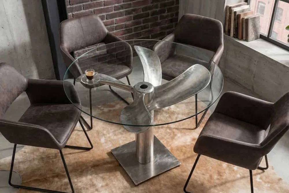 Riess-Ambiente Esstische > Maritimer Esstisch OCEAN 105cm silber antik Glastisch mit Schiffsschraube